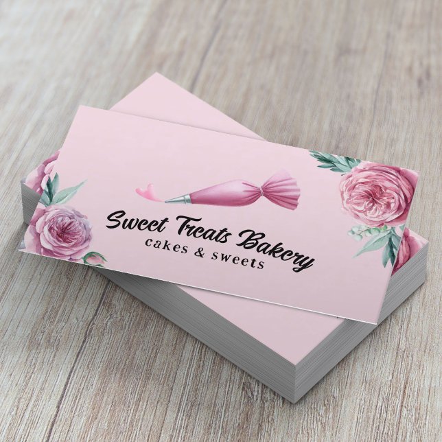 Bakery Pastry Chef Piping Bag & Heart Pink Floral Business Card (Creator Uploaded)