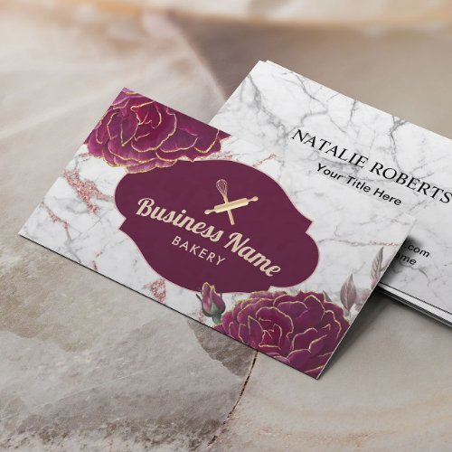 Bakery Pastry Chef Red Floral Rose Gold Marble Business Card