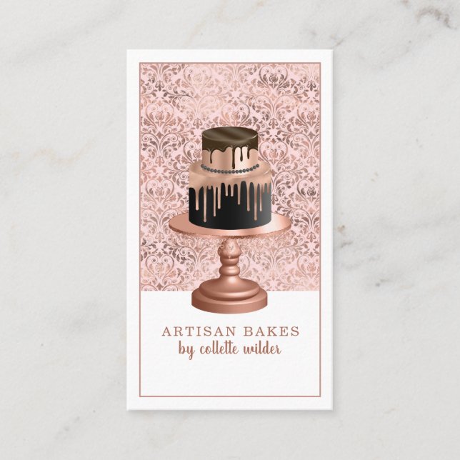 Bakery Pastry Chef Rose Gold Drips Cake Business B Card (Front)