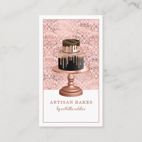 Bakery Pastry Chef Rose Gold Drips Cake Damask Business Card