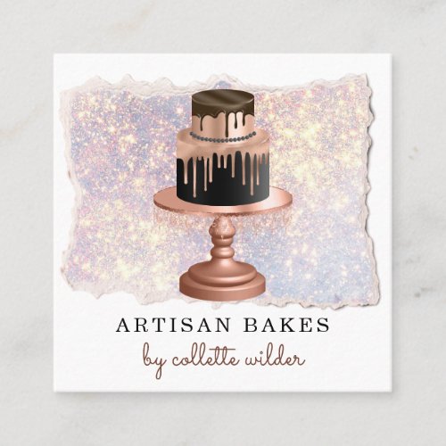 Bakery Pastry Chef Rose Gold Drips Cake Glitter Square Business Card