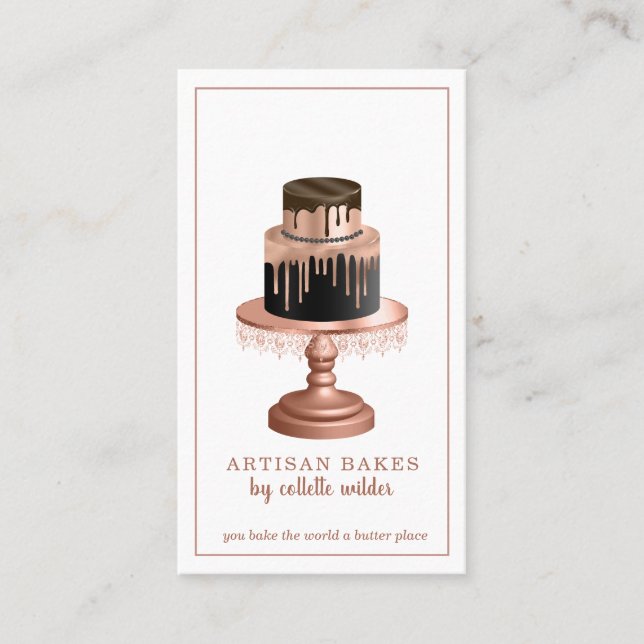 Bakery Pastry Chef Rose Gold Drips Decorated Cake Business Card (Front)