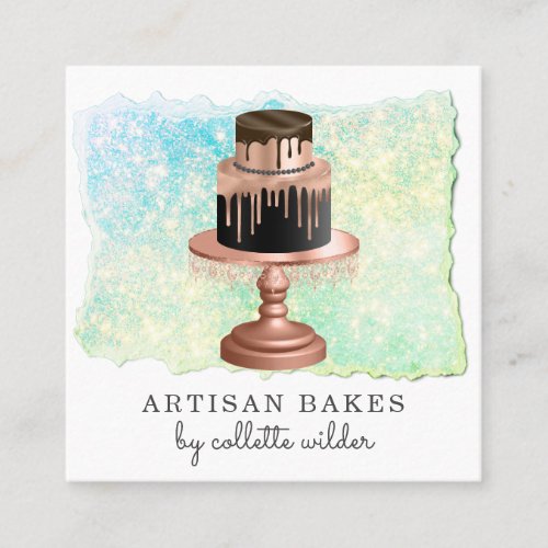 Bakery Pastry Chef Rose Gold Drips Green Sparkle Square Business Card