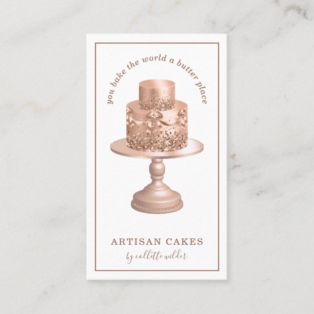 Bakery Pastry Chef Rose Gold Glitter Cake Business Card (Front)