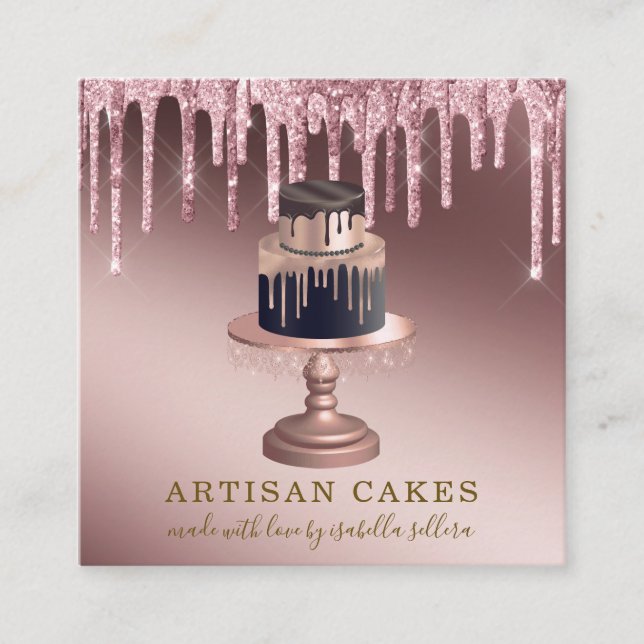 Bakery Pastry Chef Rose Gold Glitter Drips Square  Business Card (Front)