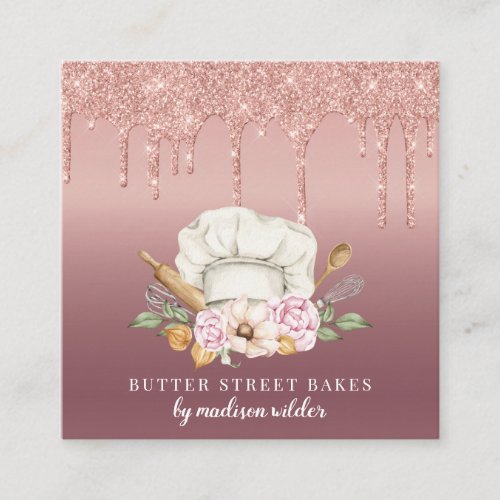 Bakery Pastry Chef Rose Gold Glitter Drips Square Business Card