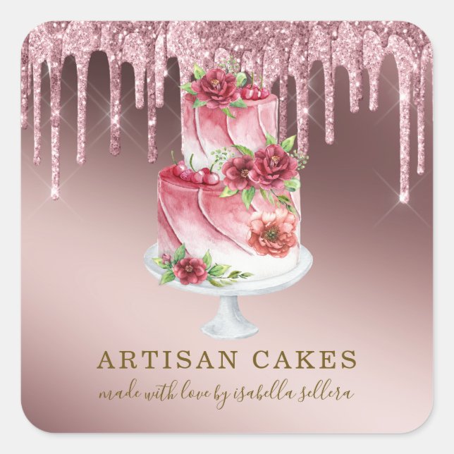Bakery Pastry Chef Rose Gold Glitter Drips  Square Sticker (Front)