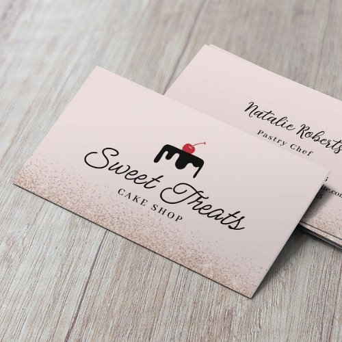 Bakery Pastry Chef Sweet Cake Logo Pink Glitter Business Card