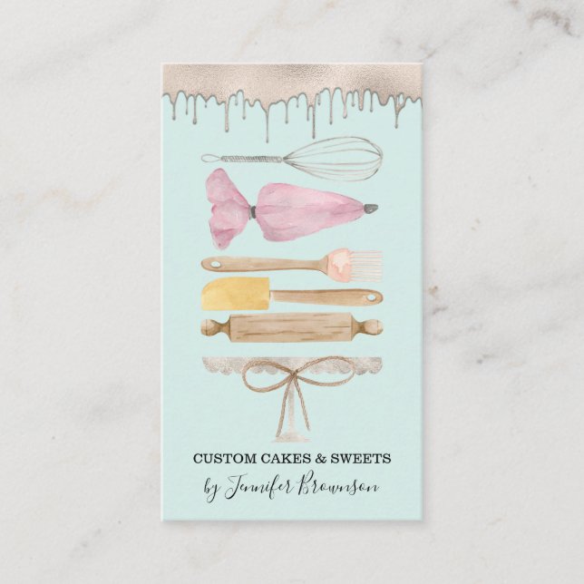 Bakery Pastry Chef Teal Watercolor Cake Drip Business Card (Front)