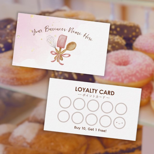 Bakery Pastry Chef Utensil Cute Pink Loyalty Card (A loyalty card for pastry chefs and bakeries, with cute pink baking utensil design)