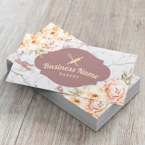 Bakery Pastry Chef Vintage Floral Trendy Marble Business Card