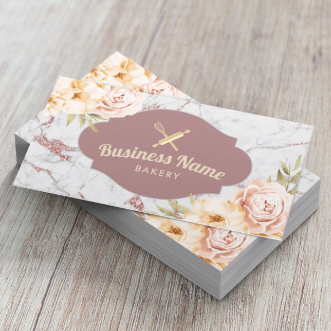 Bakery Pastry Chef Vintage Floral Trendy Marble Business Card (Creator Uploaded)
