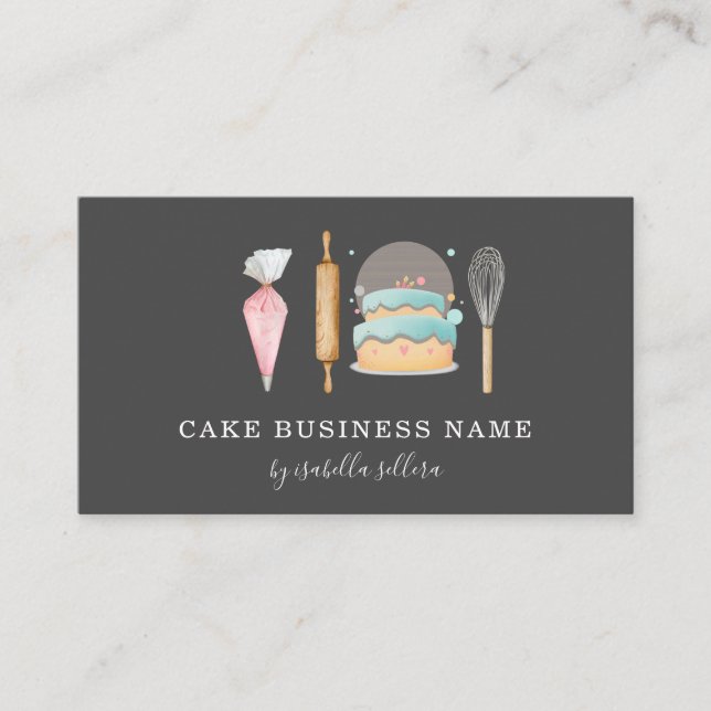 Bakery Pastry Chef Watercolor Baking Tools Black Business Card (Front)