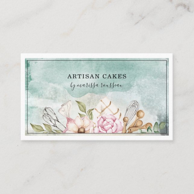 Bakery Pastry Chef Watercolor Baking Tools   Business Card (Front)