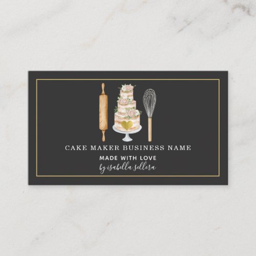 Bakery Pastry Chef Watercolor Baking Utensil Black Business Card