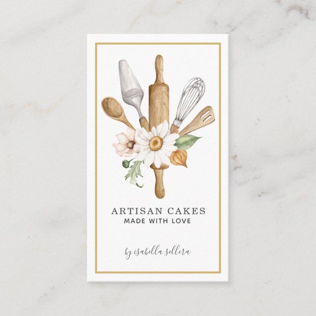 Bakery Pastry Chef Watercolor Baking Utensil Tools Business Card (Front)
