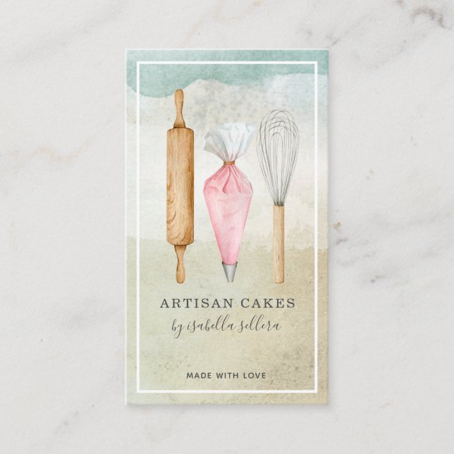 Bakery Pastry Chef Watercolor Baking Utensils Business Card (Front)