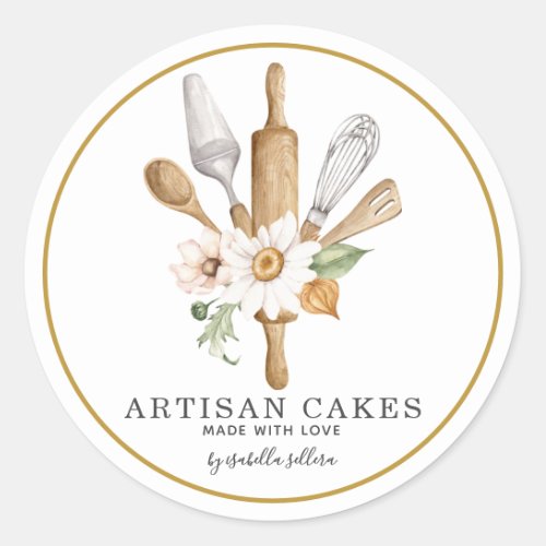 Bakery Pastry Chef Watercolor Baking Utensils  Classic Round Sticker