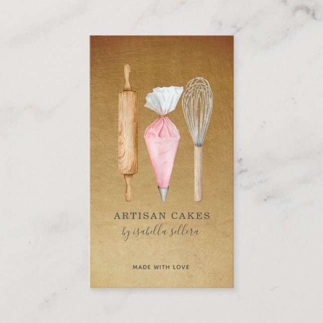Bakery Pastry Chef Watercolor Baking Utensils Gold Business Card (Front)