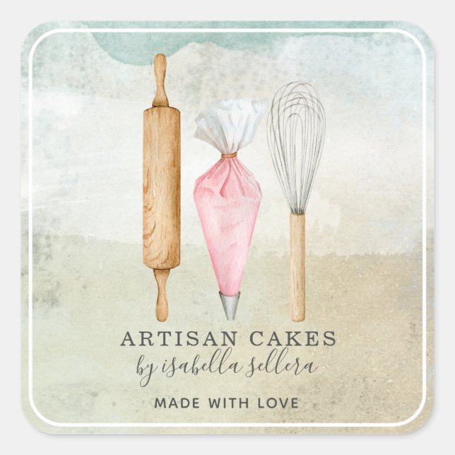 Bakery Pastry Chef Watercolor Baking Utensils Square Sticker (Front)