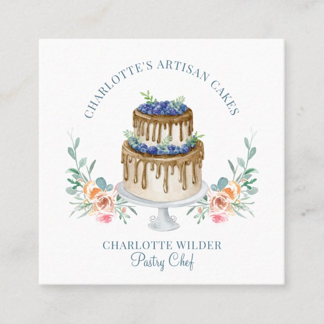 Bakery Pastry Chef Watercolor Cake Square Business Card (Front)