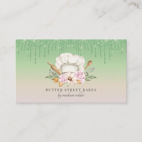Bakery Pastry Chef Watercolor Chef Hat Glitter Bus Business Card