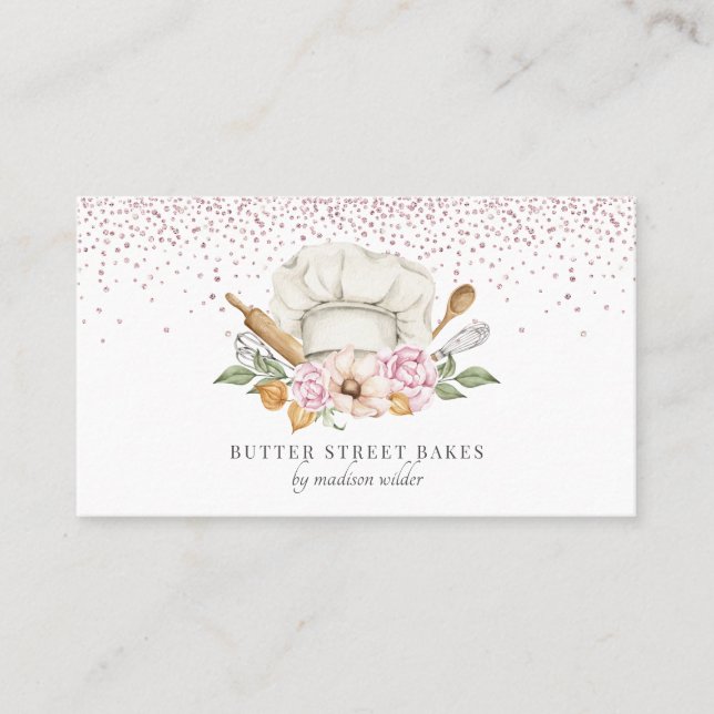 Bakery Pastry Chef Watercolor Chef Hat Glitter Business Card (Front)