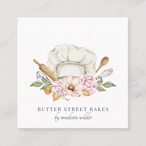 Bakery Pastry Chef Watercolor Chef Hat Utensils Square Business Card