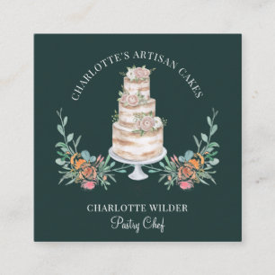 Bakery Pastry Chef Watercolor Floral Cake Black Square Business Card