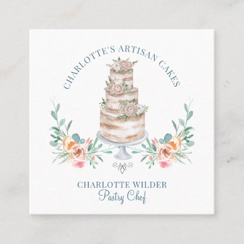 Bakery Pastry Chef Watercolor Floral Cake Logo Square Business Card