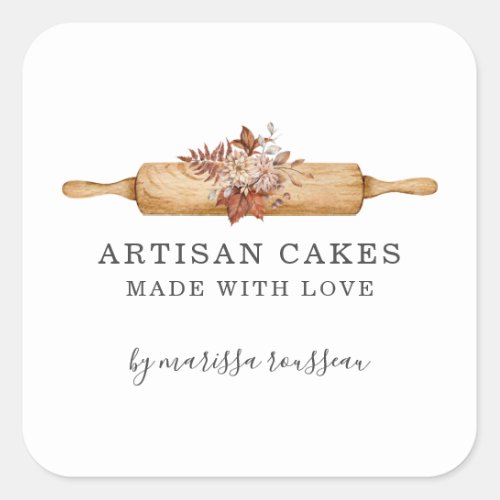 Bakery Pastry Chef Watercolor Floral Rolling Pin S Square Sticker