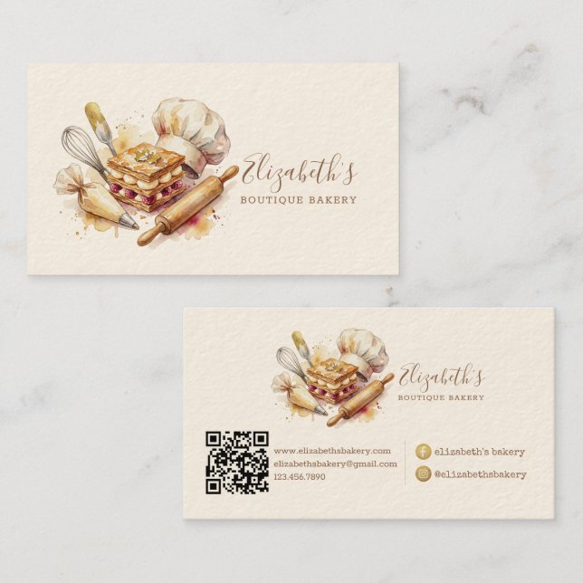 Bakery Pastry Chef Watercolor Gold Baking Catering Business Card (Front/Back)