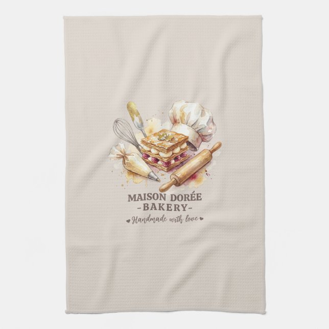 Bakery Pastry Chef Watercolor Gold Baking Catering Kitchen Towel (Vertical)