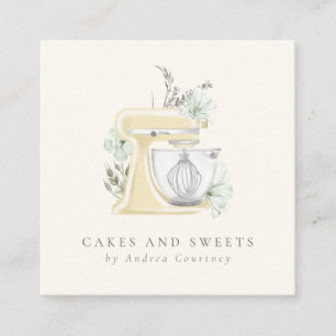 Bakery Pastry Chef Watercolor Mixer Cake Floral  Square Business Card