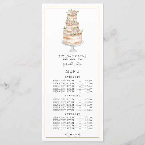 Bakery Pastry Chef Watercolor Pink Floral Cake Menu