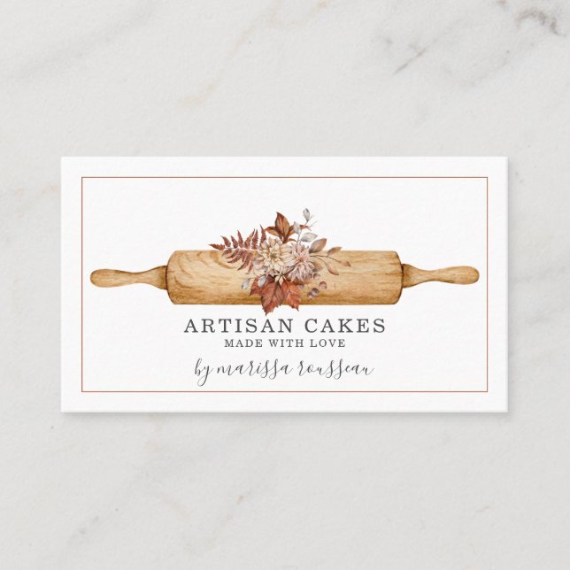Bakery Pastry Chef Watercolor Rolling Pin Business Card (Front)