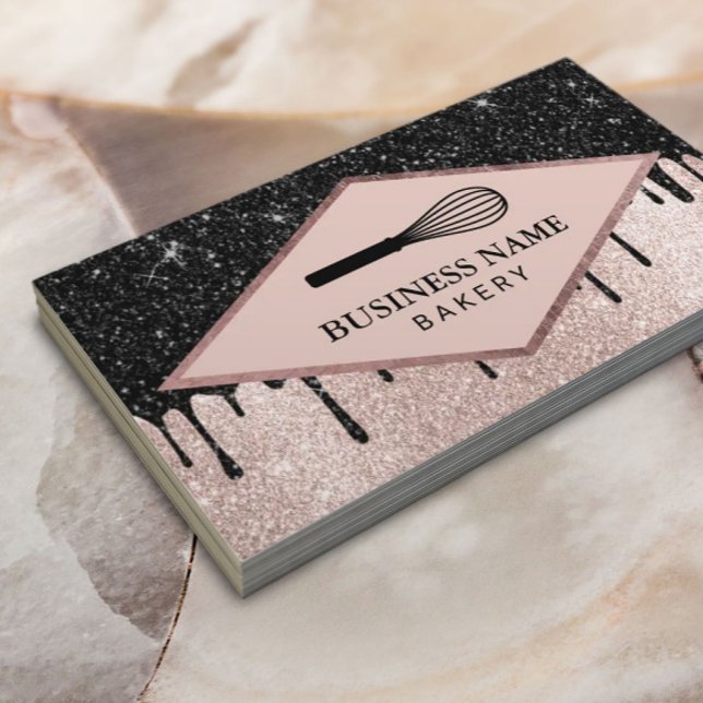 Bakery Pastry Chef Whisk Black Drips Rose Gold  Business Card (Creator Uploaded)