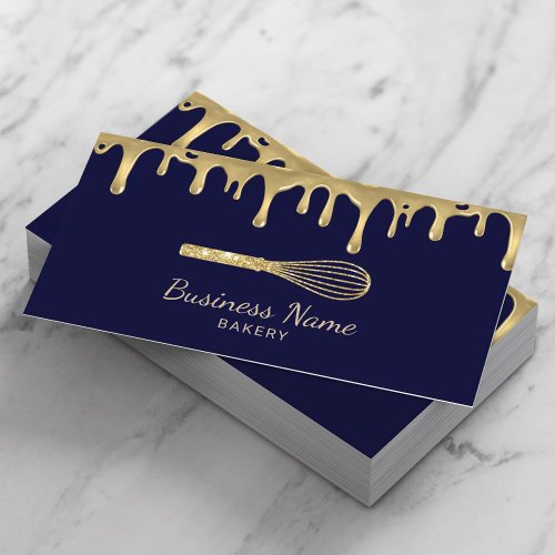 Bakery Pastry Chef Whisk Logo Modern Navy  Gold Business Card