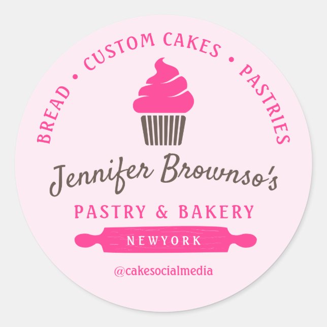 Bakery Pastry Cupcake Pink logo branding Classic Round Sticker (Front)