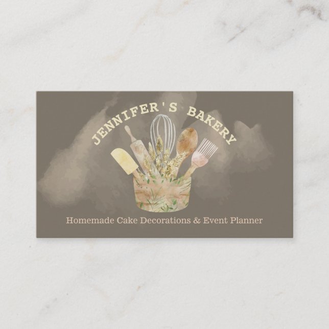 Bakery pastry elegant chef rustic watercolor business card (Front)