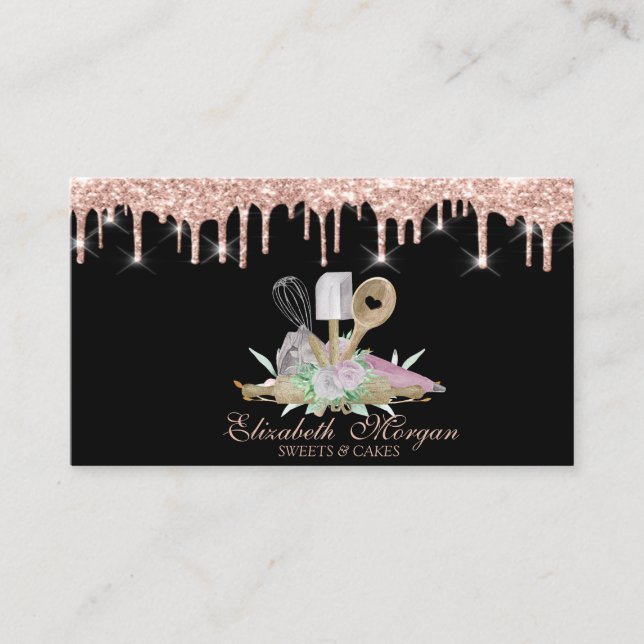 Bakery Pastry Hand Tools Flowers Rose Gold Drips  Business Card (Front)