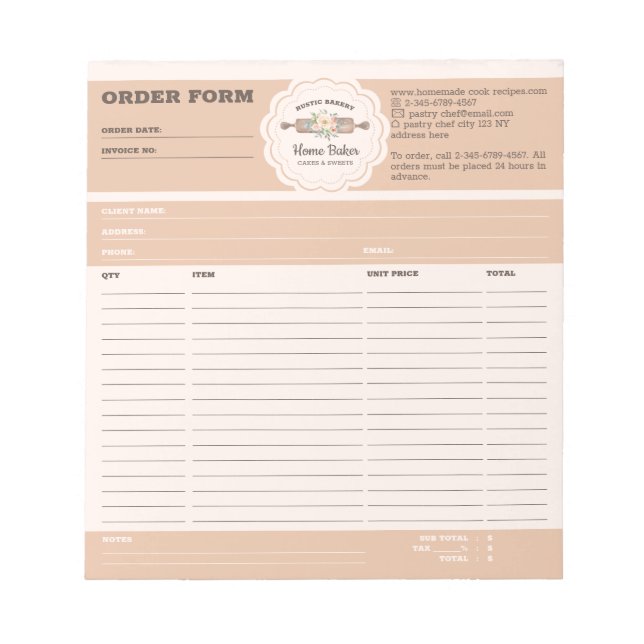 Bakery Pastry Order Form Notepad (Front)