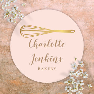 Bakery Patisserie Gold Whisk Blush Pink Classic Round Sticker