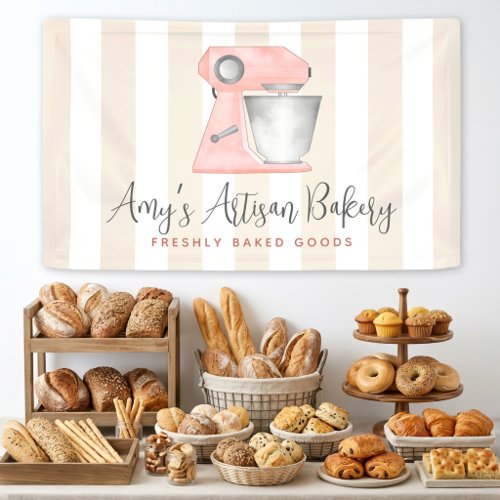 Bakery Peach Kitchen Stand Mixer Beige Tan Stripes Banner