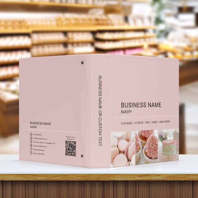 Bakery Photo QR Social Media Pink Business 3 Ring Binder (Bakery Cupcakes Cake Shop Business 3 Ring Binder by MINTIC DESIGN STUDIO)