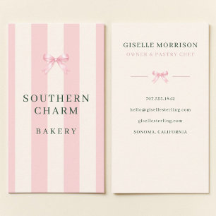 Bakery Pink and Green Striped Preppy Bow Business Card