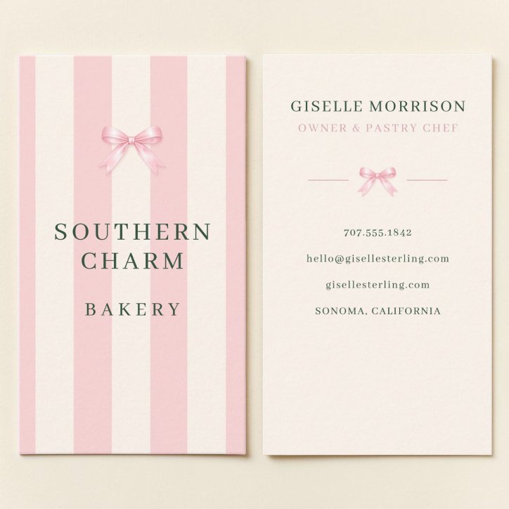 Bakery Pink And Green Striped Preppy Bow Business Card