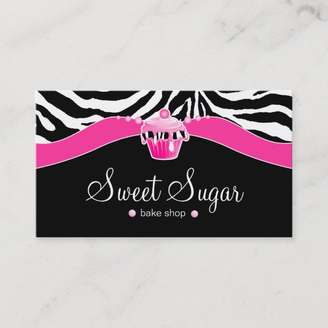 Bakery Pink Cupcake Zebra Animal Print Business Card (Front)