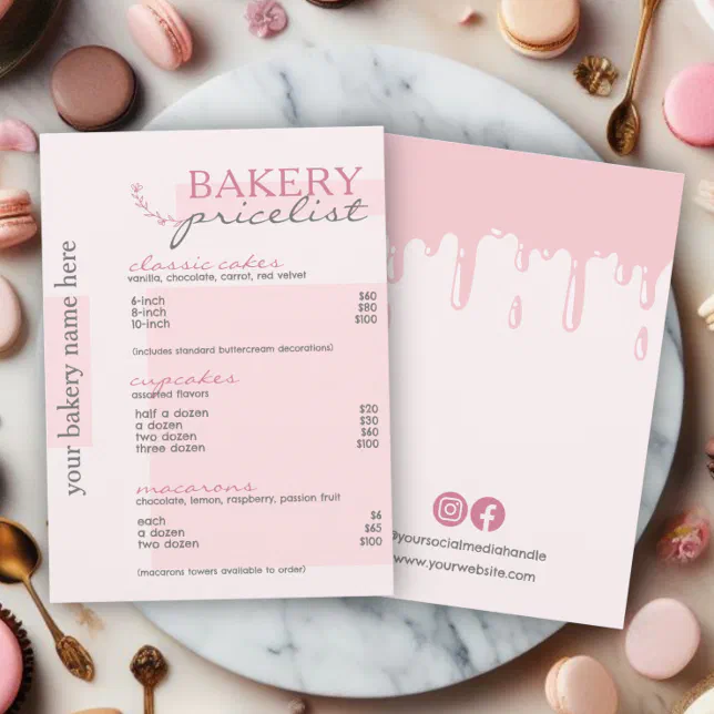 Bakery Pink Drip Price List Menu | Zazzle