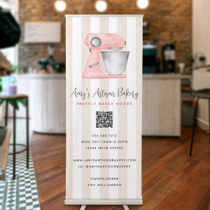 Bakery Pink Kitchen Mixer Beige Stripes QR Code Retractable Banner